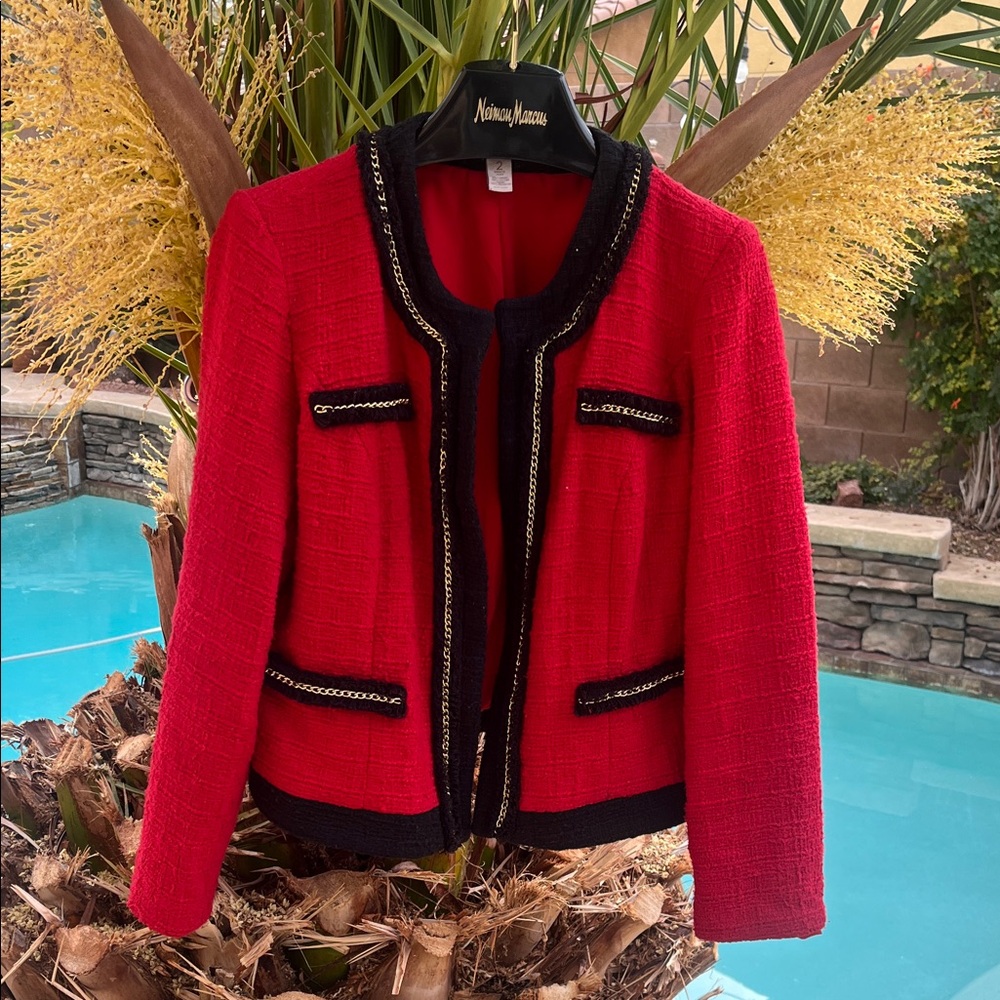 Chico's Tweed Red Blazer with Black and Gold Accents